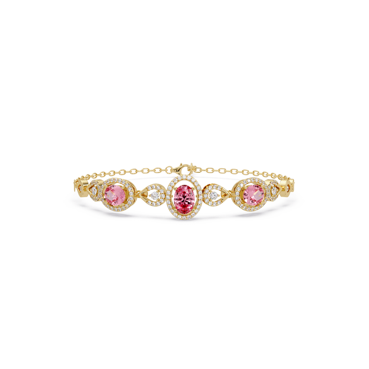 Lunéa Paris three-oval halo pavé bracelet in yellow gold, pink colorstones