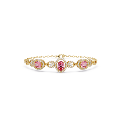 Lunéa Paris three-oval halo pavé bracelet in yellow gold, pink colorstones