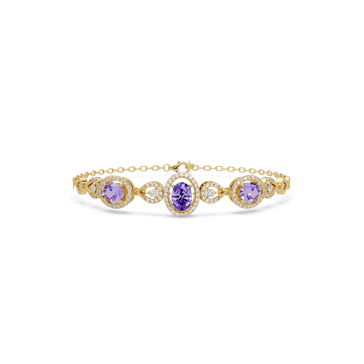 Lunéa Paris three-oval halo pavé bracelet in yellow gold, purple colorstones
