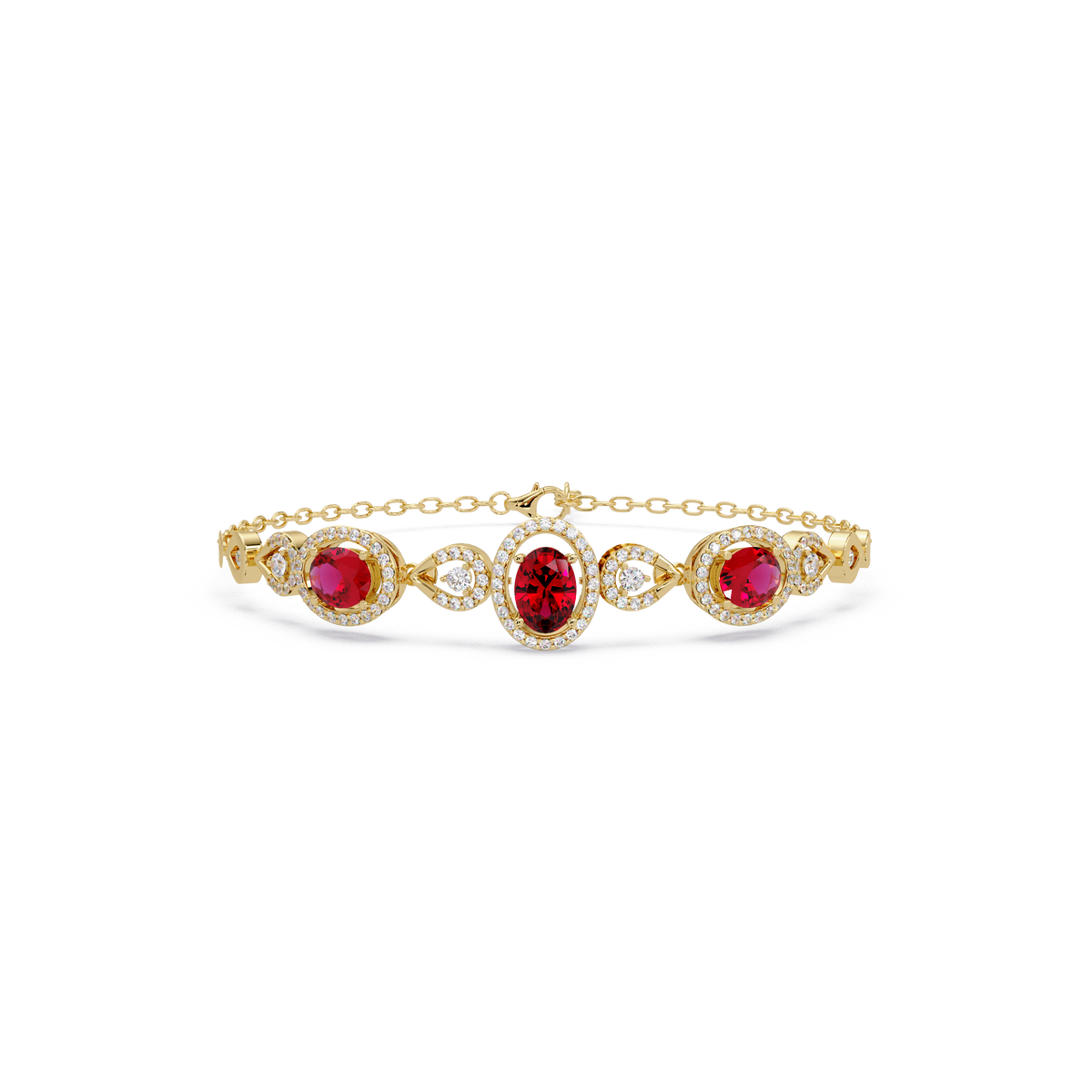 Lunéa Paris three-oval halo pavé bracelet in yellow gold, red colorstones