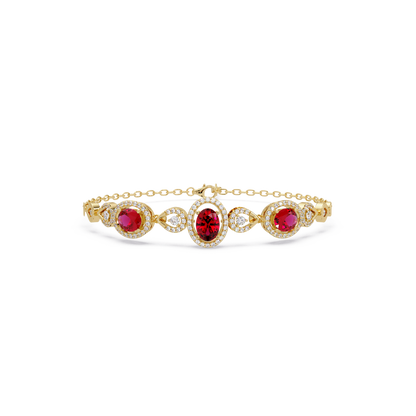Lunéa Paris three-oval halo pavé bracelet in yellow gold, red colorstones