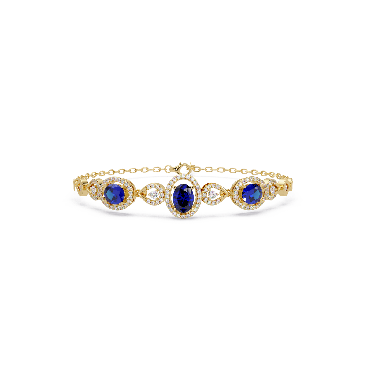 Lunéa Paris three-oval halo pavé bracelet in yellow gold, sapphire colorstones