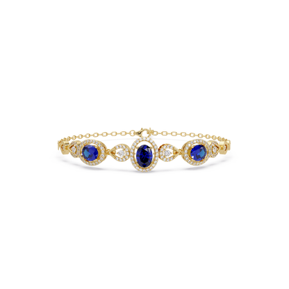 Lunéa Paris three-oval halo pavé bracelet in yellow gold, sapphire colorstones