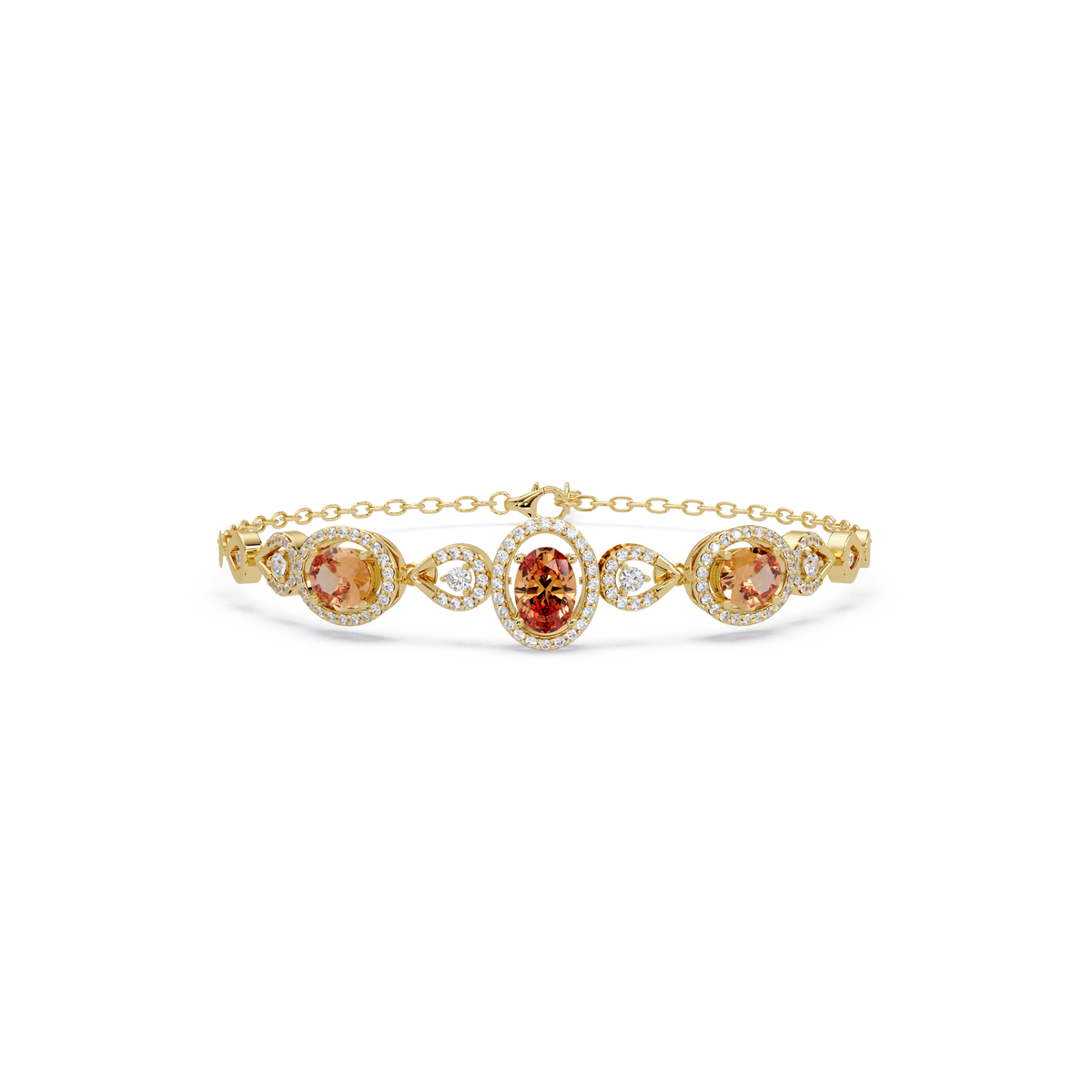 Lunéa Paris three-oval halo pavé bracelet in yellow gold, topaz colorstones