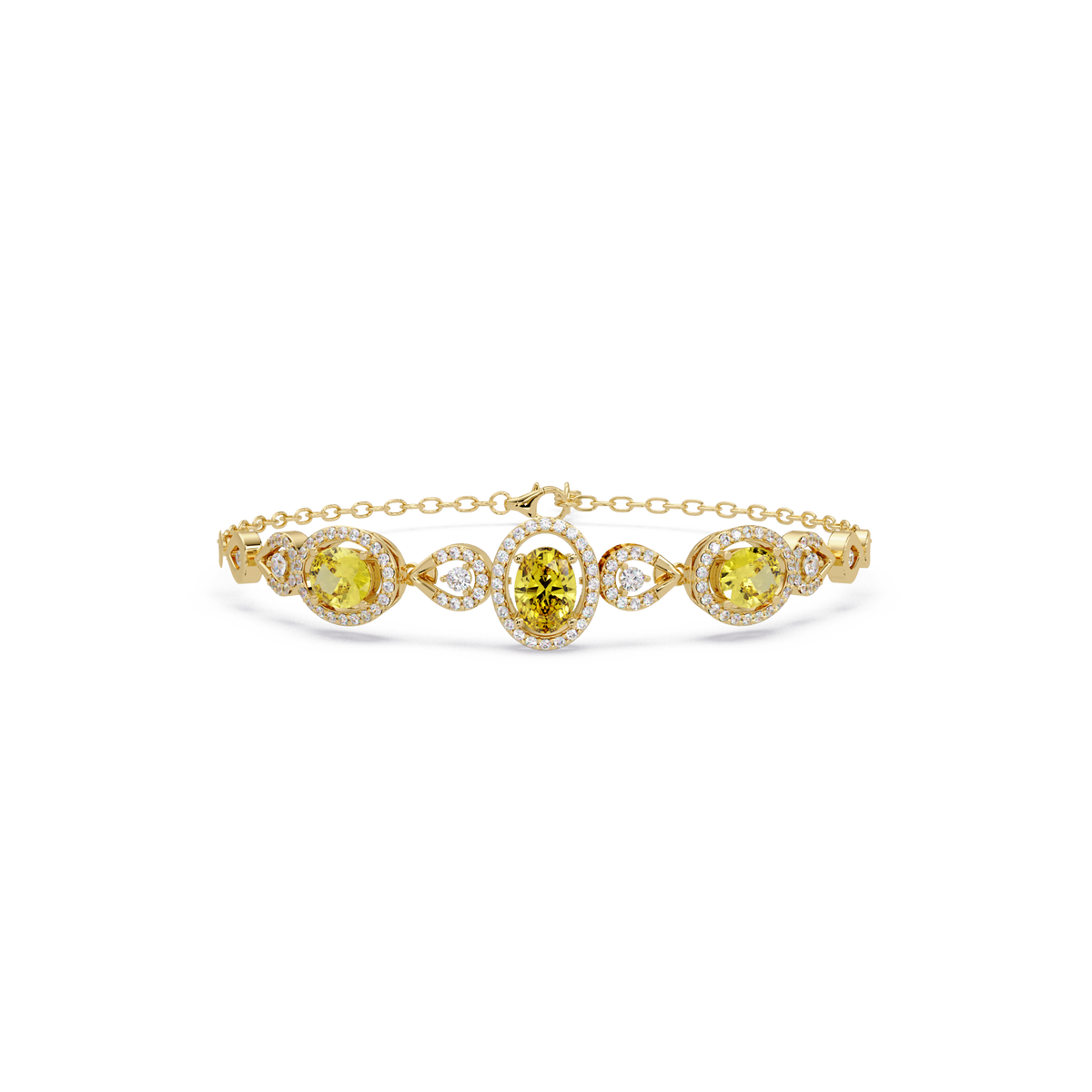 Lunéa Paris three-oval halo pavé bracelet in yellow gold, yellow colorstones