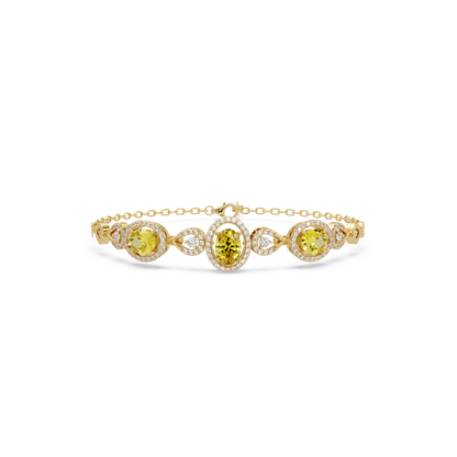 Lunéa Paris three-oval halo pavé bracelet in yellow gold, yellow colorstones