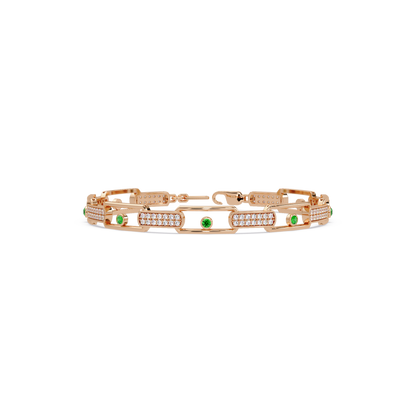Geometric round gemstone and pavé link bracelet in rose gold with green colorstones