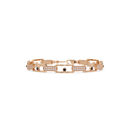Geometric round gemstone and pavé link bracelet in rose gold with onyx colorstones