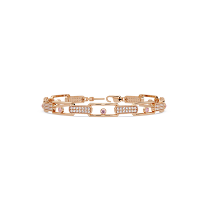 Geometric round gemstone and pavé link bracelet in rose gold with pink colorstones