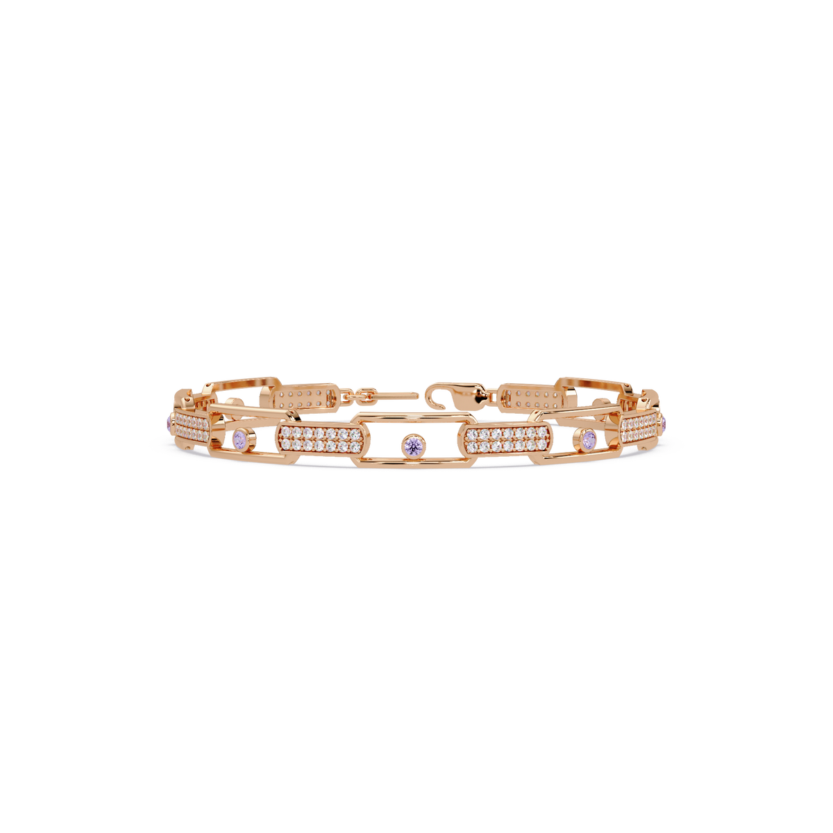 Geometric round gemstone and pavé link bracelet in rose gold with purple colorstones