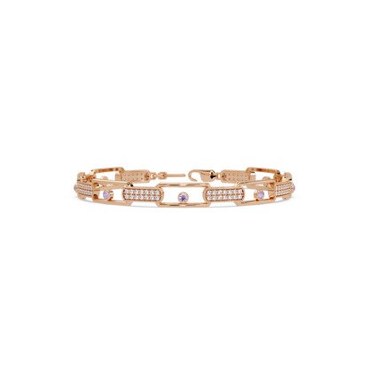 Geometric round gemstone and pavé link bracelet in rose gold with purple colorstones