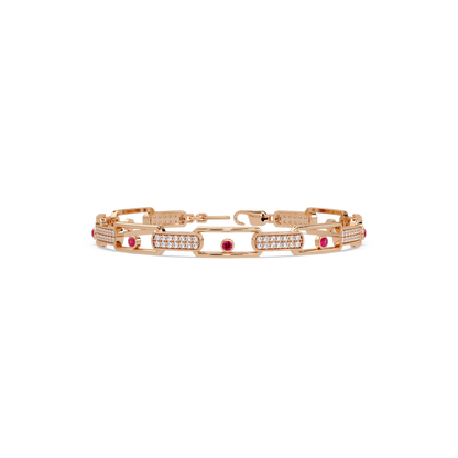Geometric round gemstone and pavé link bracelet in rose gold with red colorstones