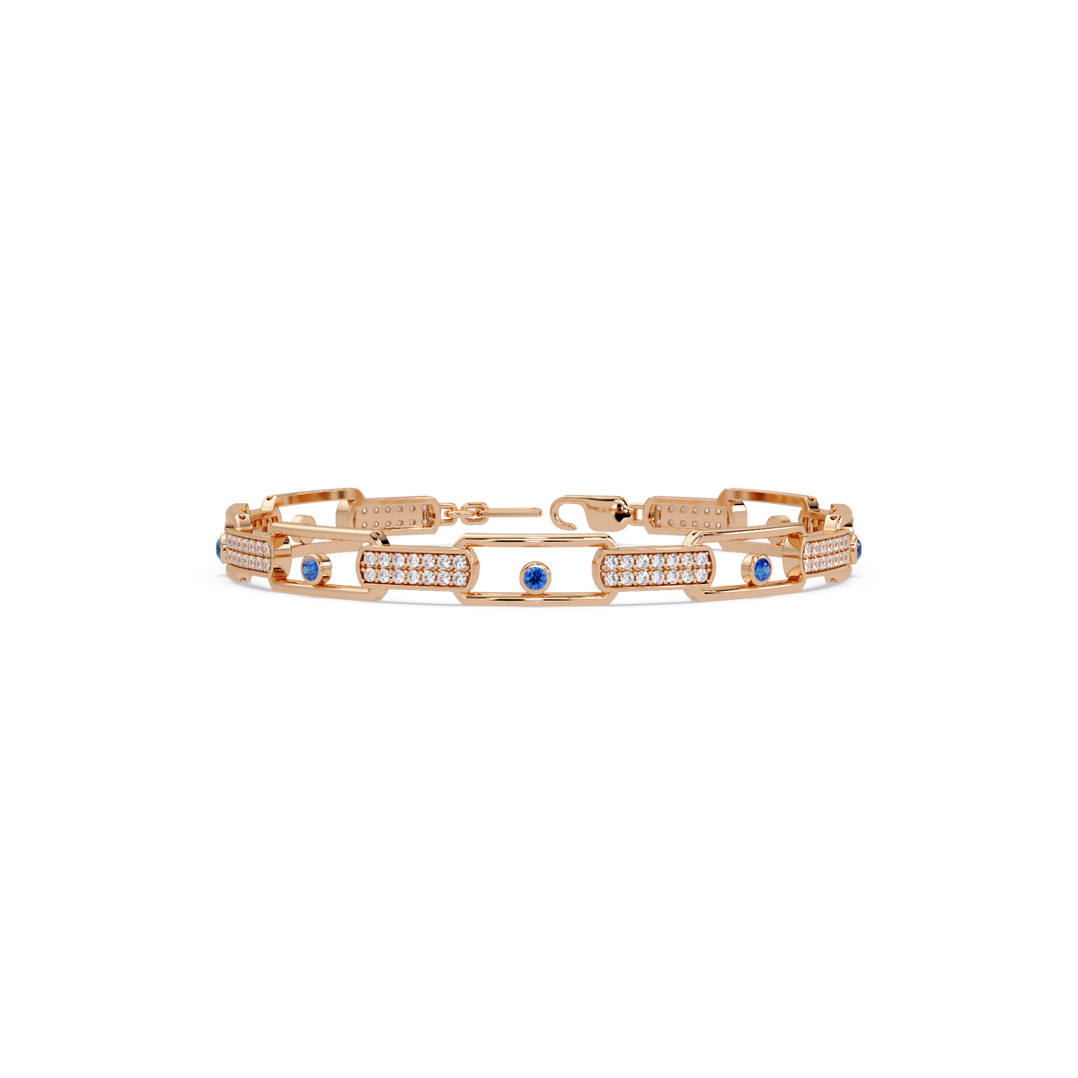 Geometric round gemstone and pavé link bracelet in rose gold with sapphire colorstones