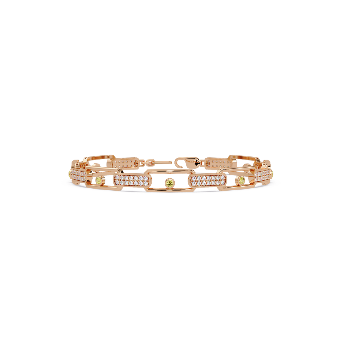 Geometric round gemstone and pavé link bracelet in rose gold with yellow colorstones