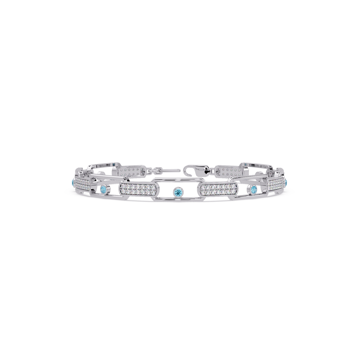 Geometric round gemstone and pavé link bracelet in white gold with aquamarine colorstones