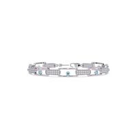 Geometric round gemstone and pavé link bracelet in white gold with aquamarine colorstones