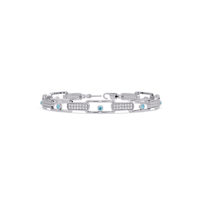 Geometric round gemstone and pavé link bracelet in white gold with aquamarine colorstones