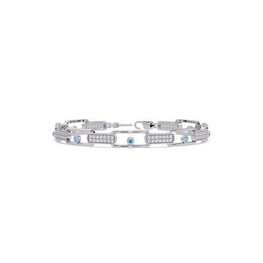 Geometric round gemstone and pavé link bracelet in white gold with aquamarine colorstones
