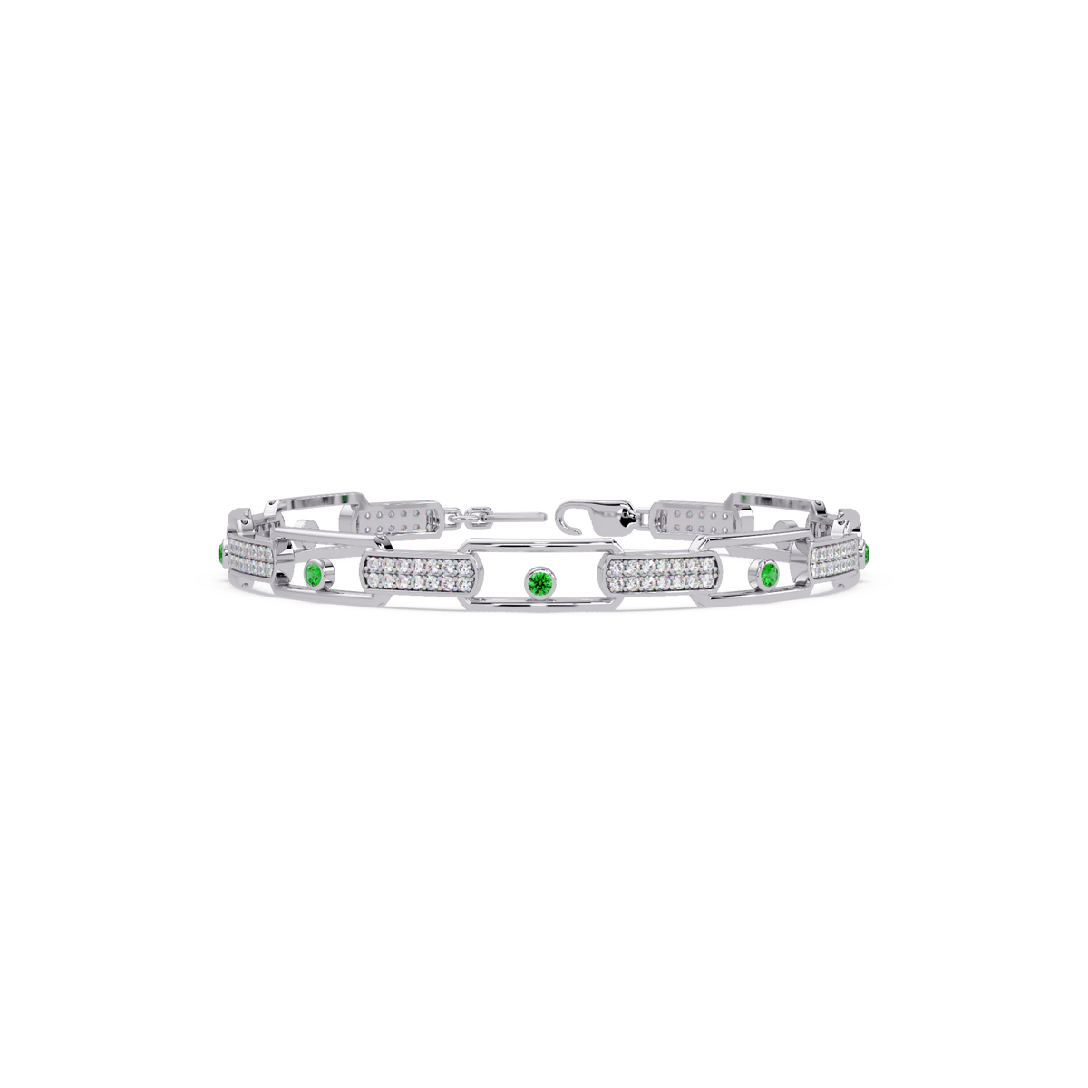 Geometric round gemstone and pavé link bracelet in white gold with green colorstones