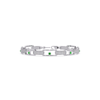 Geometric round gemstone and pavé link bracelet in white gold with green colorstones