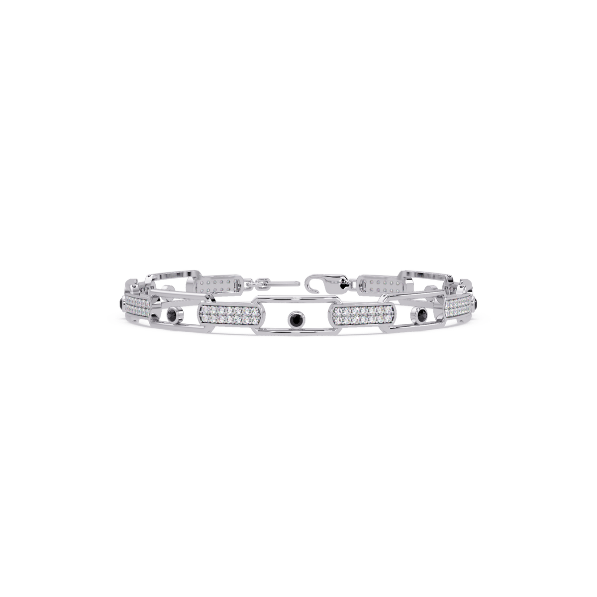 Geometric round gemstone and pavé link bracelet in white gold with onyx colorstones