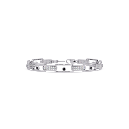 Geometric round gemstone and pavé link bracelet in white gold with onyx colorstones