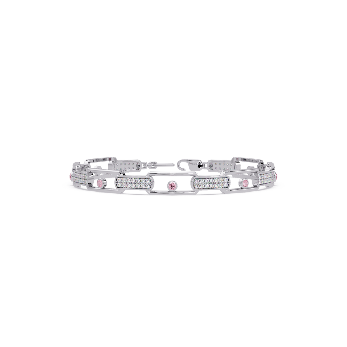 Geometric round gemstone and pavé link bracelet in white gold with pink colorstones
