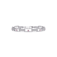 Geometric round gemstone and pavé link bracelet in white gold with pink colorstones