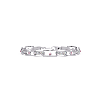 Geometric round gemstone and pavé link bracelet in white gold with pink colorstones