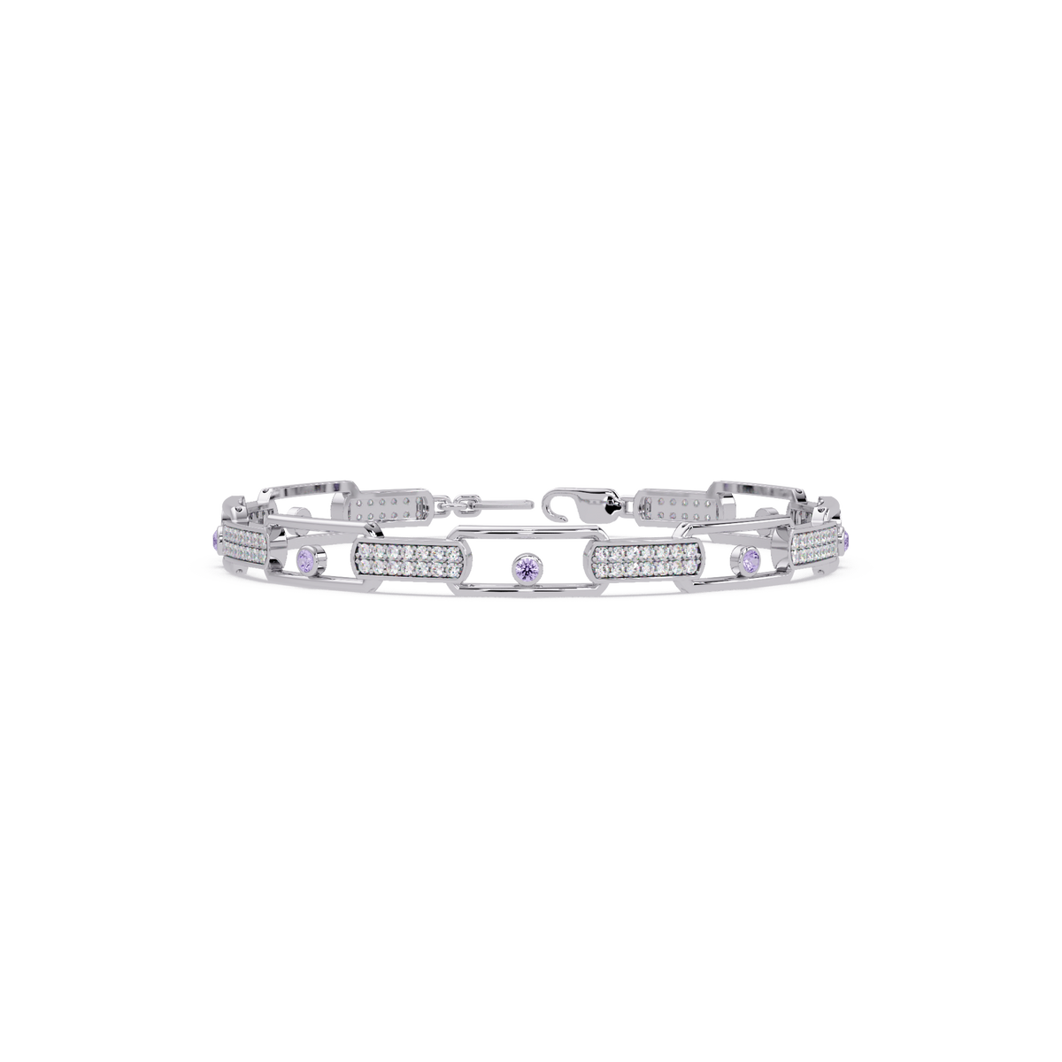 Geometric round gemstone and pavé link bracelet in white gold with purple colorstones