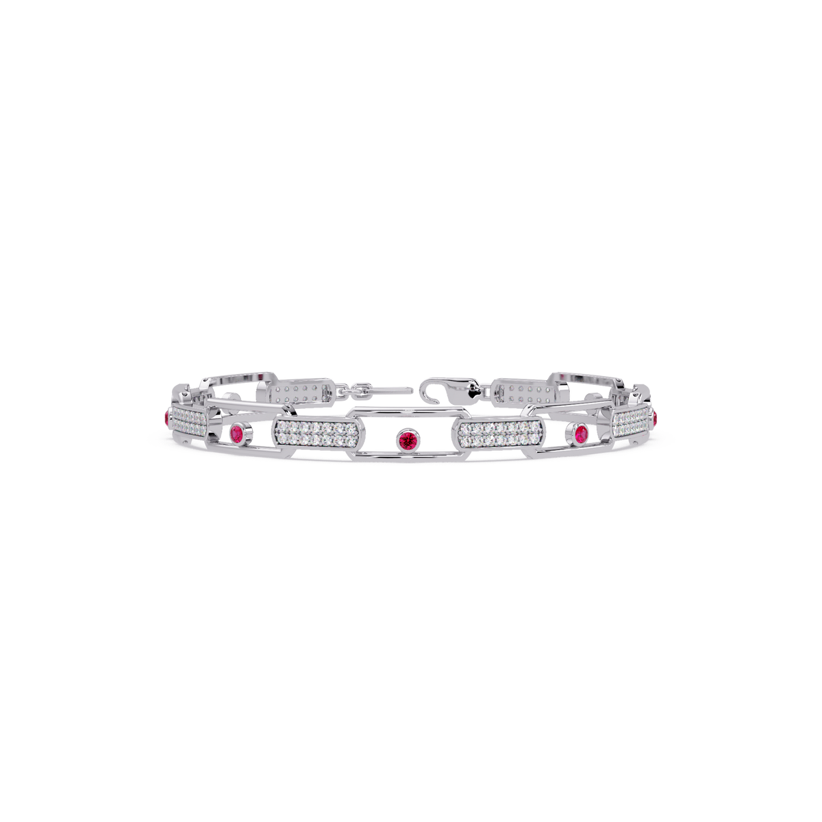 Geometric round gemstone and pavé link bracelet in white gold with red colorstones