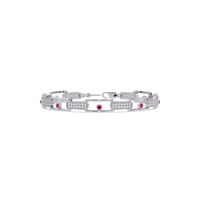 Geometric round gemstone and pavé link bracelet in white gold with red colorstones