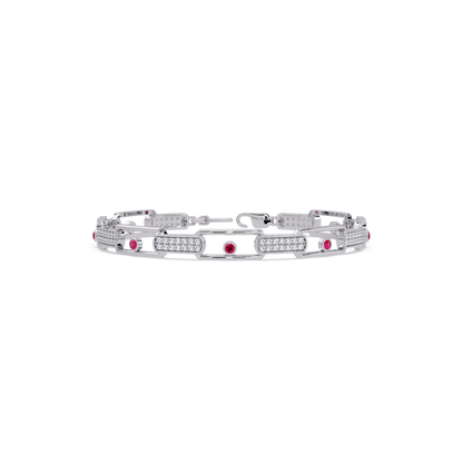 Geometric round gemstone and pavé link bracelet in white gold with red colorstones