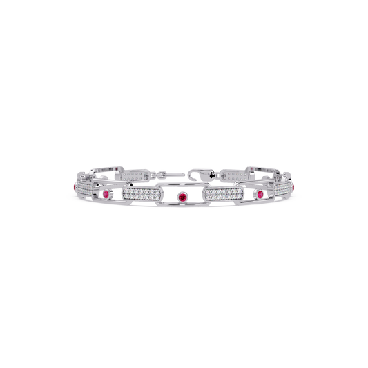Geometric round gemstone and pavé link bracelet in white gold with red colorstones