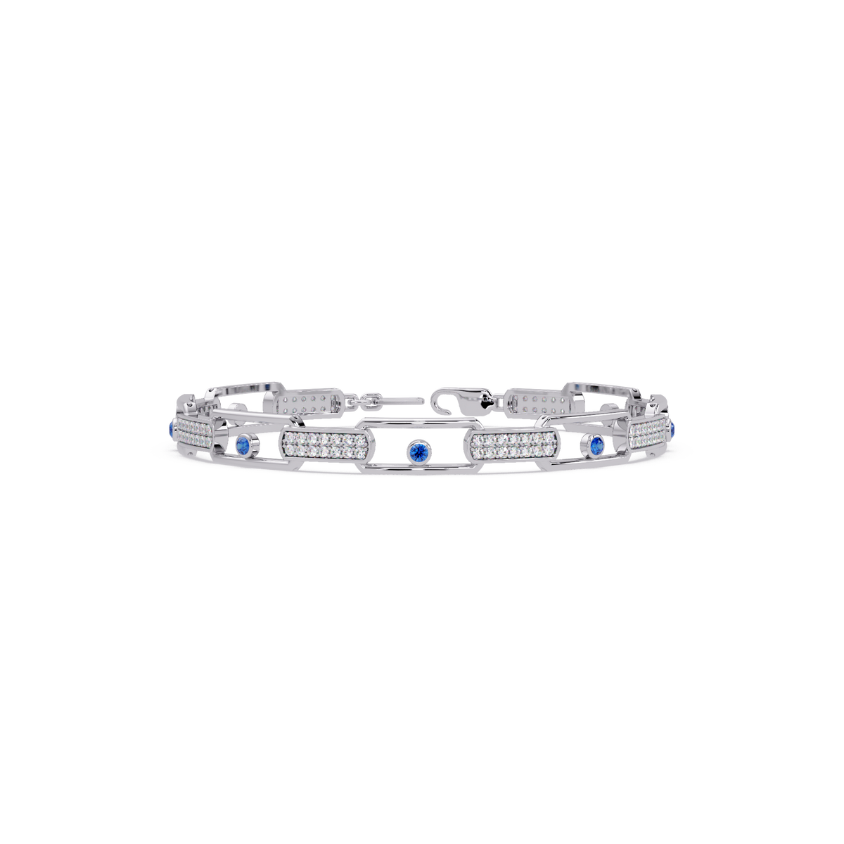 Geometric round gemstone and pavé link bracelet in white gold with sapphire colorstones