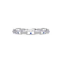 Geometric round gemstone and pavé link bracelet in white gold with sapphire colorstones