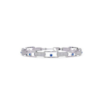 Geometric round gemstone and pavé link bracelet in white gold with sapphire colorstones