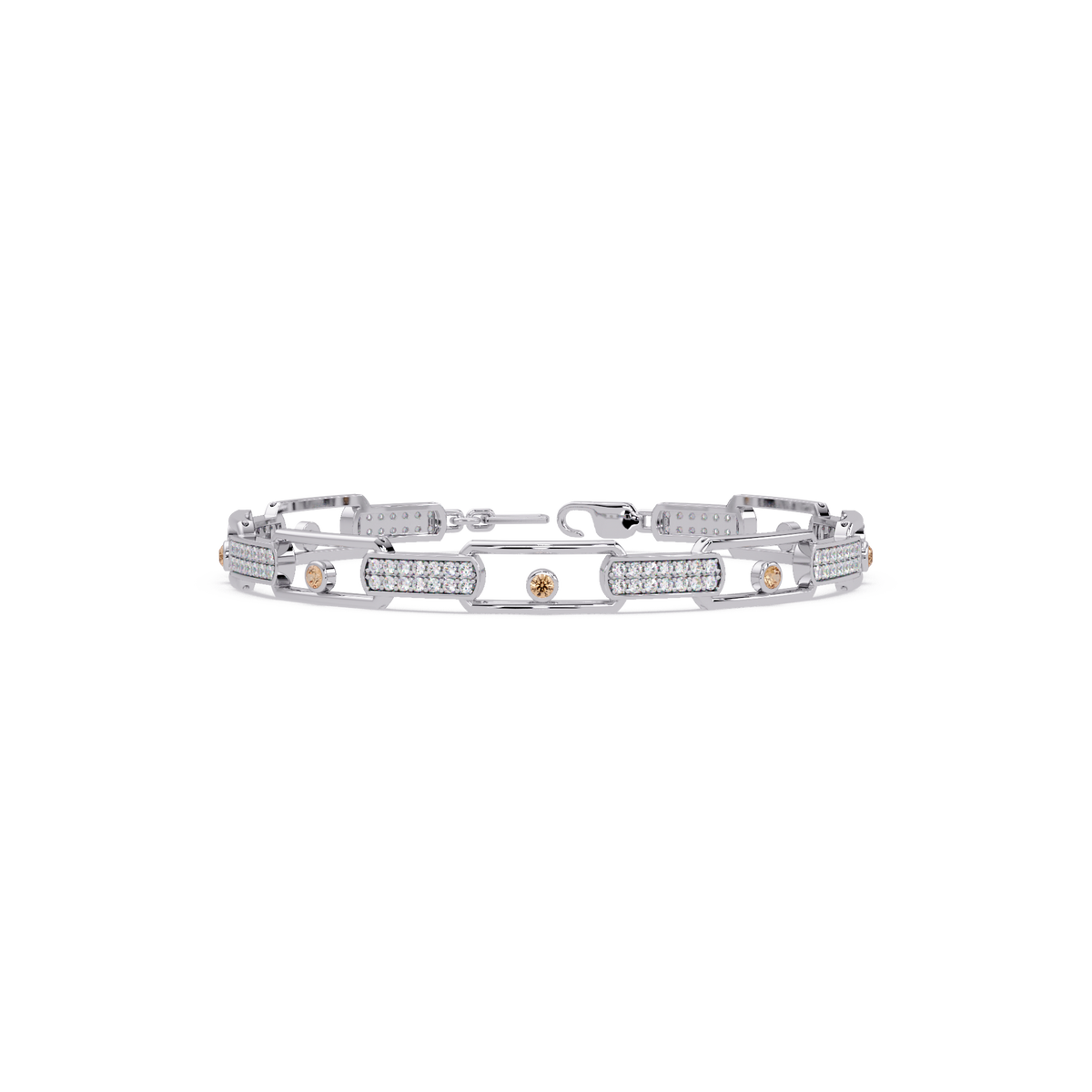 Geometric round gemstone and pavé link bracelet in white gold with topaz colorstones