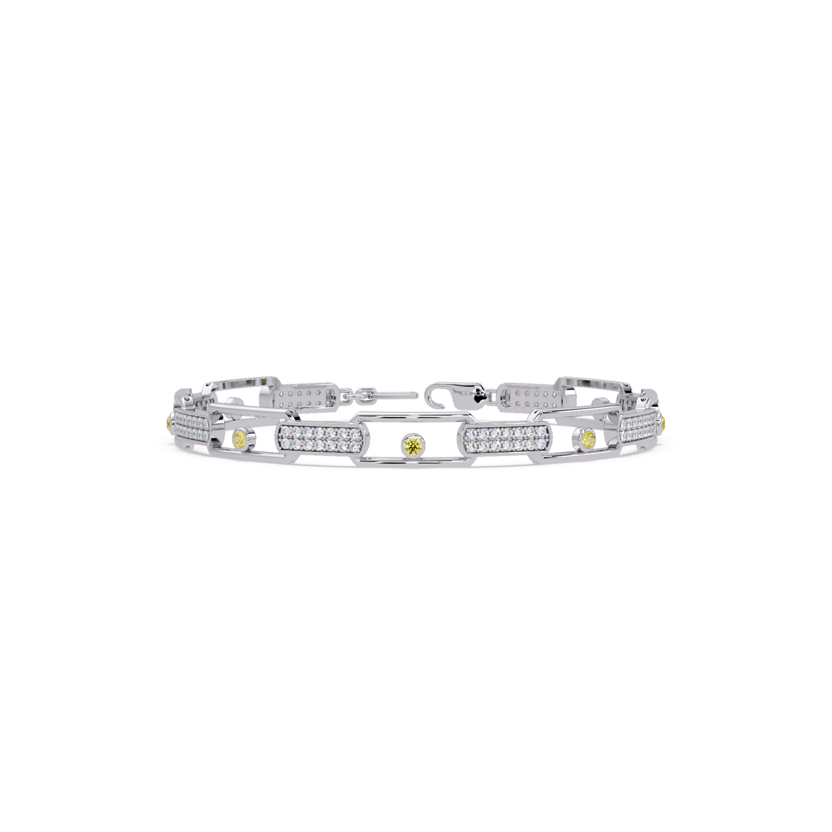 Geometric round gemstone and pavé link bracelet in white gold with yellow colorstones