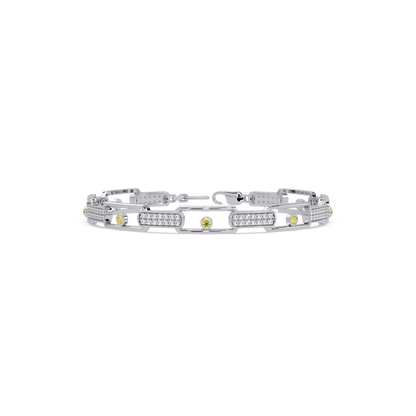 Geometric round gemstone and pavé link bracelet in white gold with yellow colorstones
