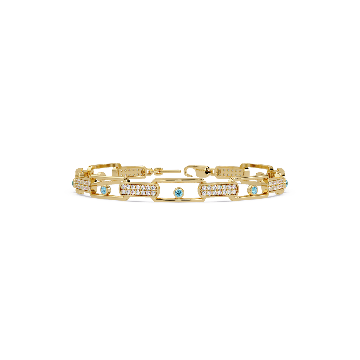 Geometric round gemstone and pavé link bracelet in yellow gold with aquamarine colorstones