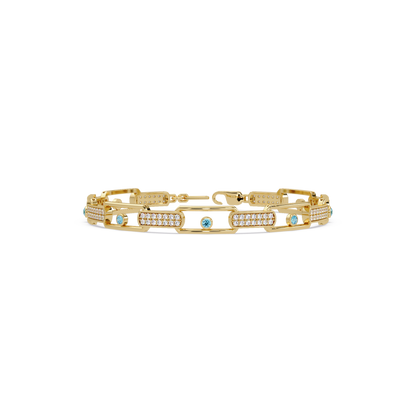 Geometric round gemstone and pavé link bracelet in yellow gold with aquamarine colorstones