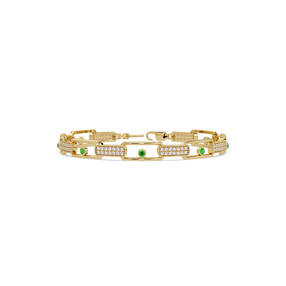 Geometric round gemstone and pavé link bracelet in yellow gold with green colorstones