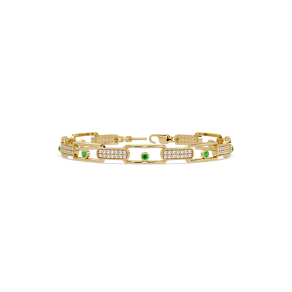 Geometric round gemstone and pavé link bracelet in yellow gold with green colorstones