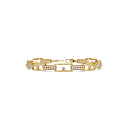 Geometric round gemstone and pavé link bracelet in yellow gold with pink colorstones