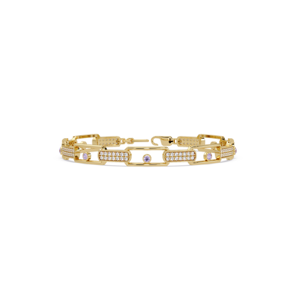 Geometric round gemstone and pavé link bracelet in yellow gold with purple colorstones