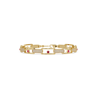 Geometric round gemstone and pavé link bracelet in yellow gold with red colorstones