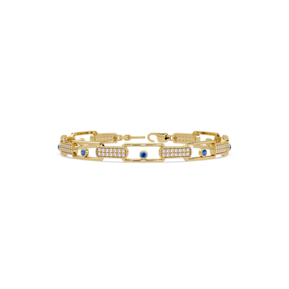 Geometric round gemstone and pavé link bracelet in yellow gold with sapphire colorstones
