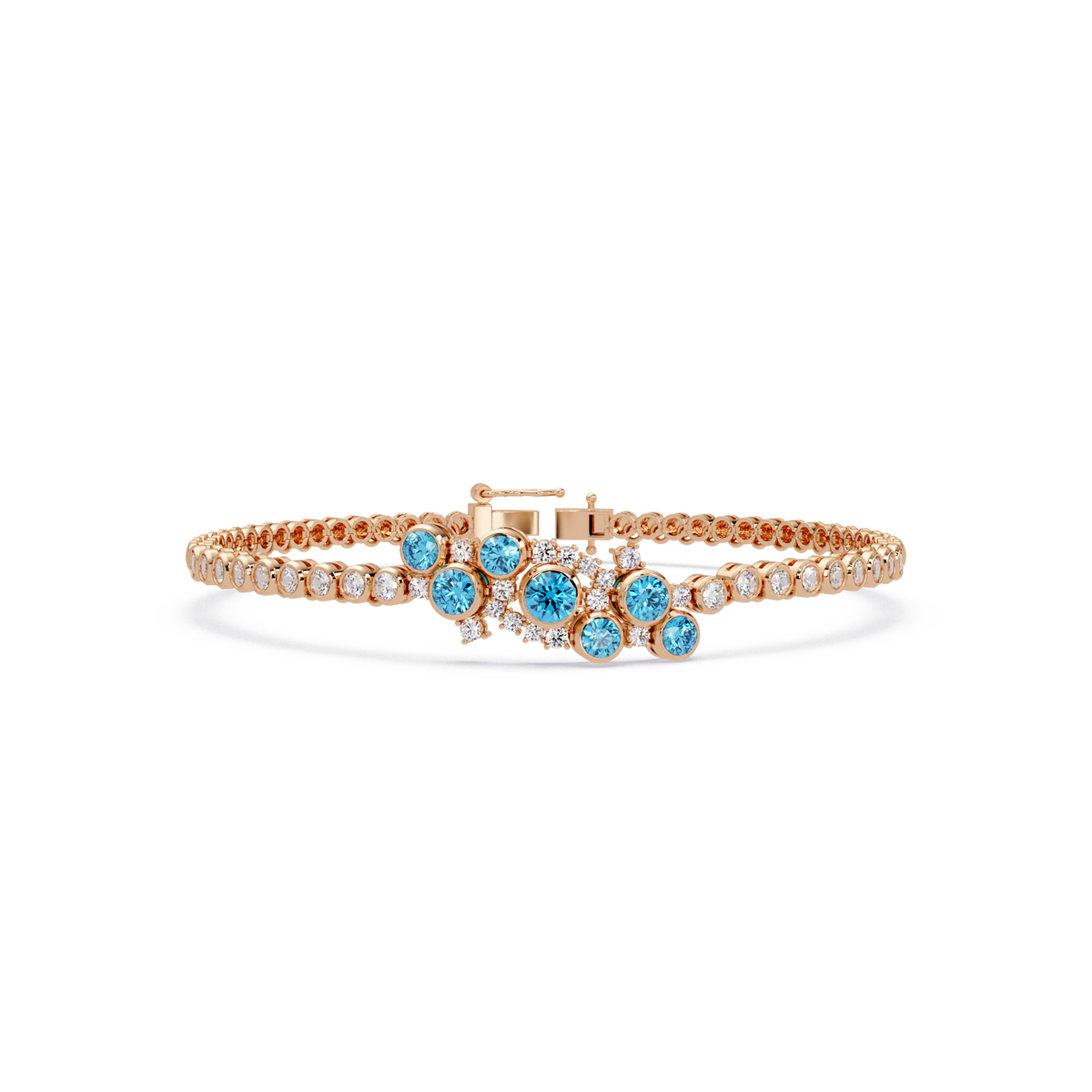 Round colorstone cluster and pavé link bracelet in rose gold with aquamarine stones