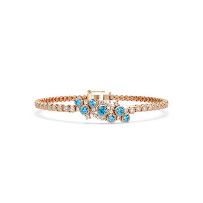 Round colorstone cluster and pavé link bracelet in rose gold with aquamarine stones